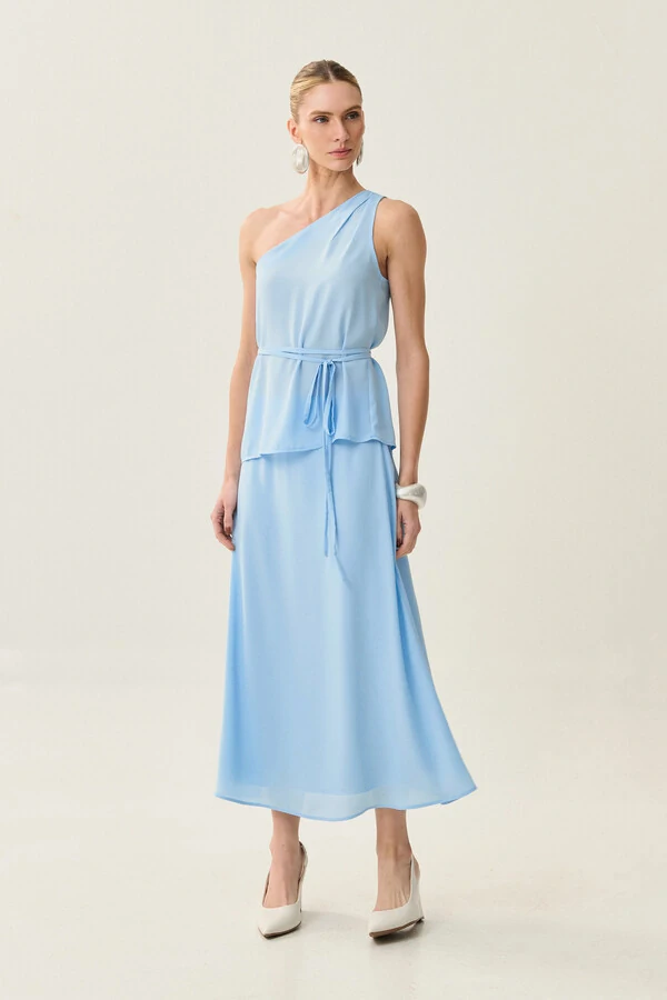 Conjunto de Blusa Regata Assimétrica Um Ombro Só Prega Cinto e Saia Midi