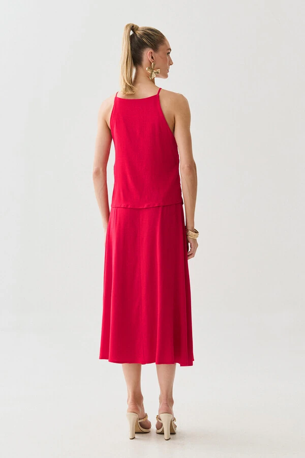 Conjunto de Blusa de Alcinha Assimétrica Decote V Lateral Pregas e Saia Midi Godê