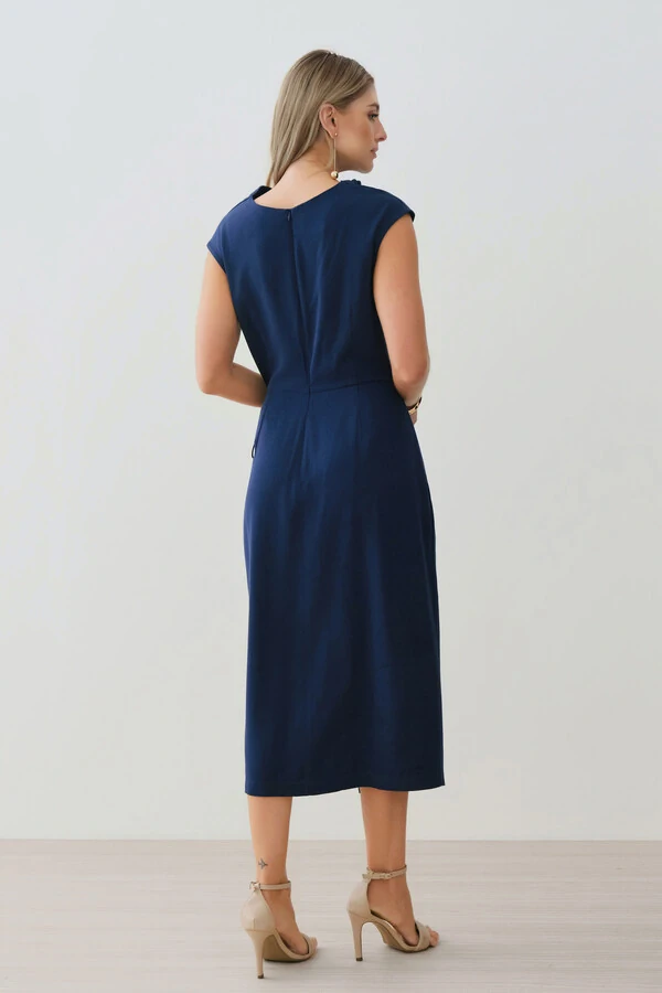 Vestido Midi Regata Transpassado Gola Drapeada Laço Lateral Drapeada