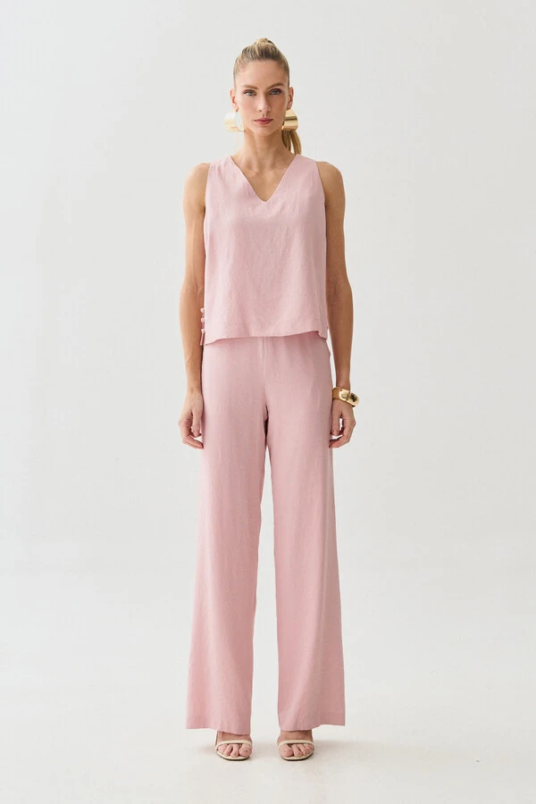 Conjunto de Blusa Regata Decote V Lateral Mini Botões Triple e Calça Reta