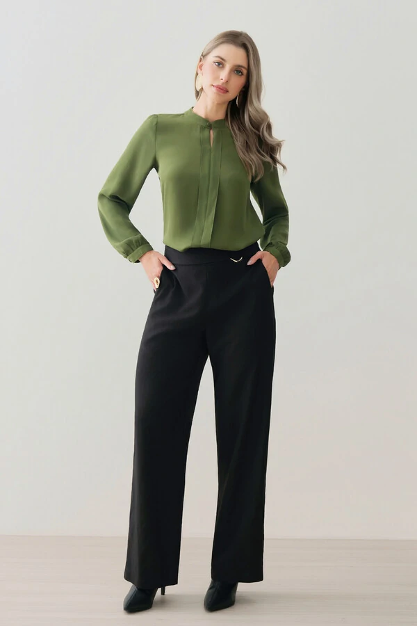 Blusa Manga Longa Punho Gola Baixa Mini Botão Forrado Pregas