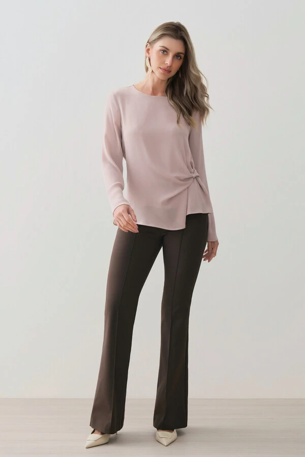 Blusa Dupla Assimétrica de Chiffon Yoryu Manga Longa Evasê Lateral Drapeada