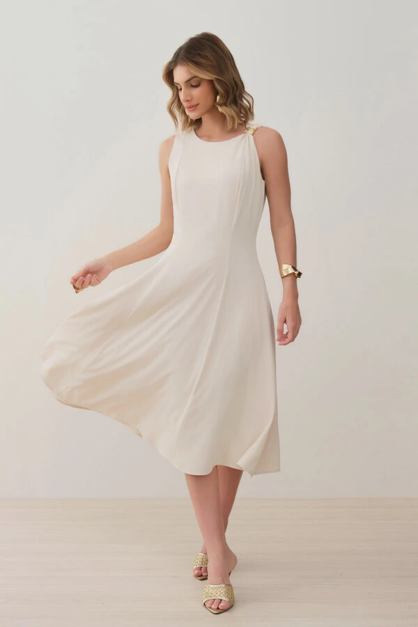 Vestido Midi Evasê Regata Assimétrico Pregas Ombro Esquerdo Gold