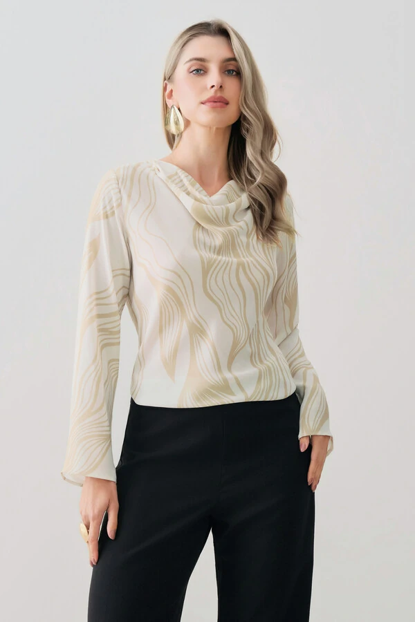 Blusa Abstrata Manga Longa Flare Decote Drapeado (cópia)