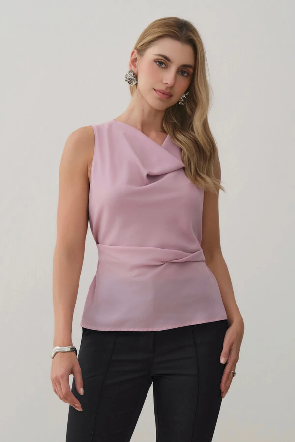 Blusa Regata Dupla Decote Drapeado Cintura Torcida