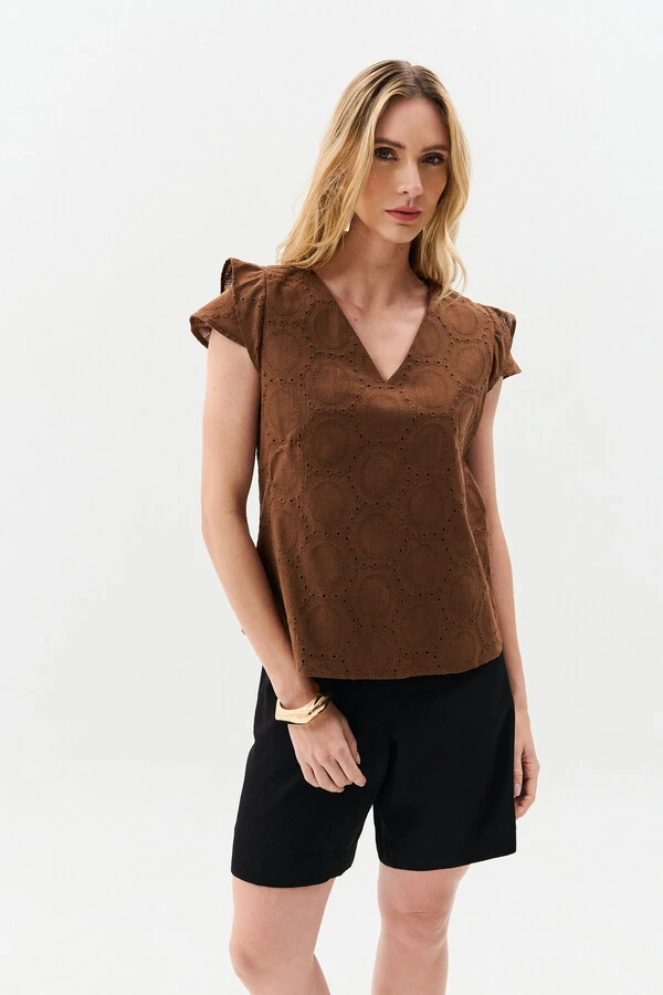 Blusa de Laise de Algodão Manga Tulipa Decote V