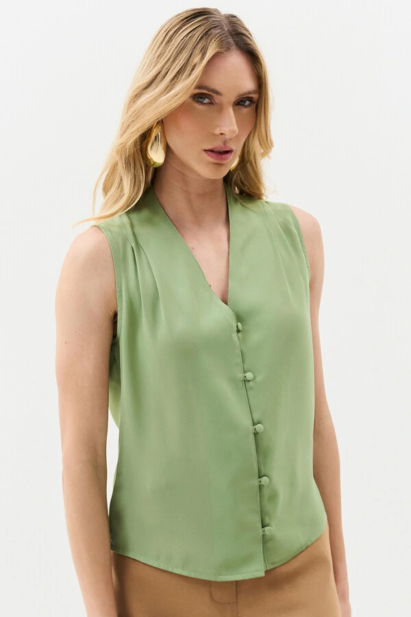 Camisa Regata Decote V Ombro Pregas Double Mini Botões Forrados