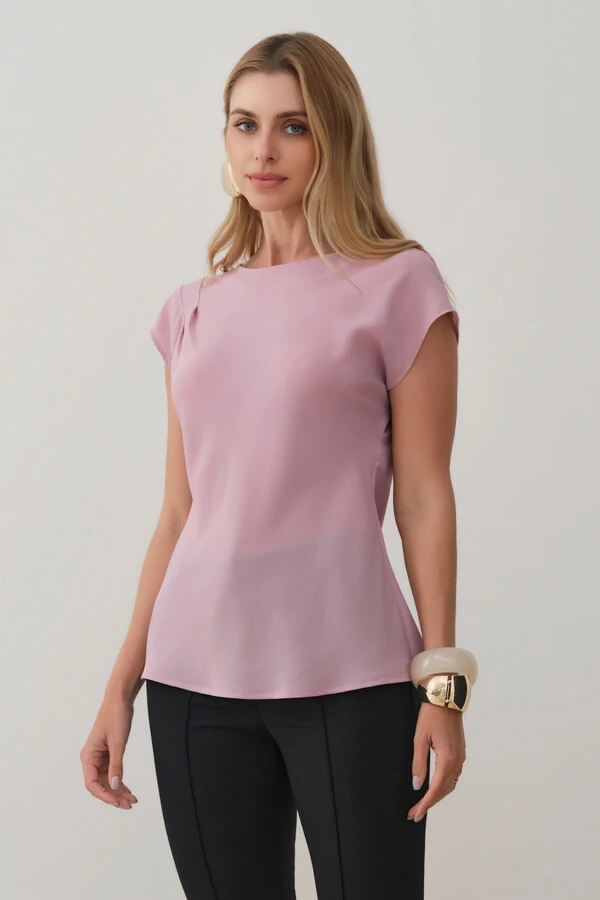 Blusa Assimétrica Drapeada Manga Morcego Ombro Esquerdo Pregas Double