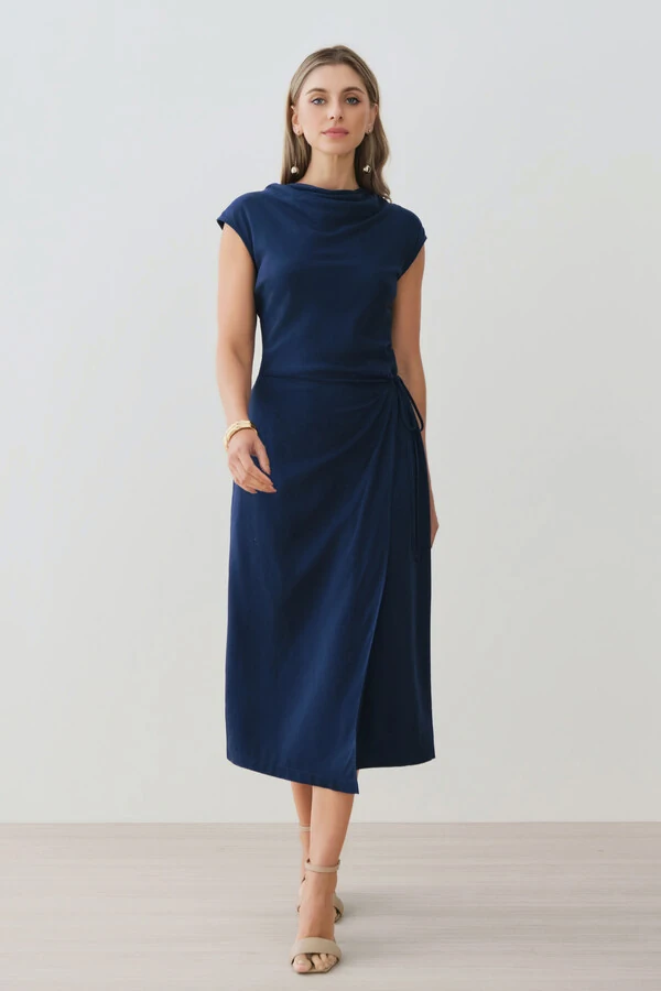 Vestido Midi Regata Transpassado Gola Drapeada Laço Lateral Drapeada