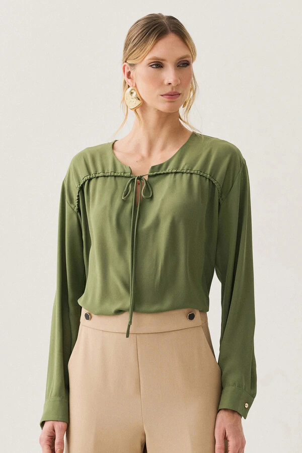 Blusa Manga Longa Punho Gold Decote Cavado Laço Puxante