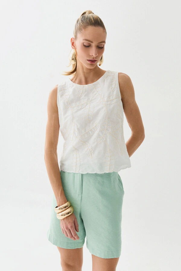 Regata de Algodão Bordado Folhagem Barrada