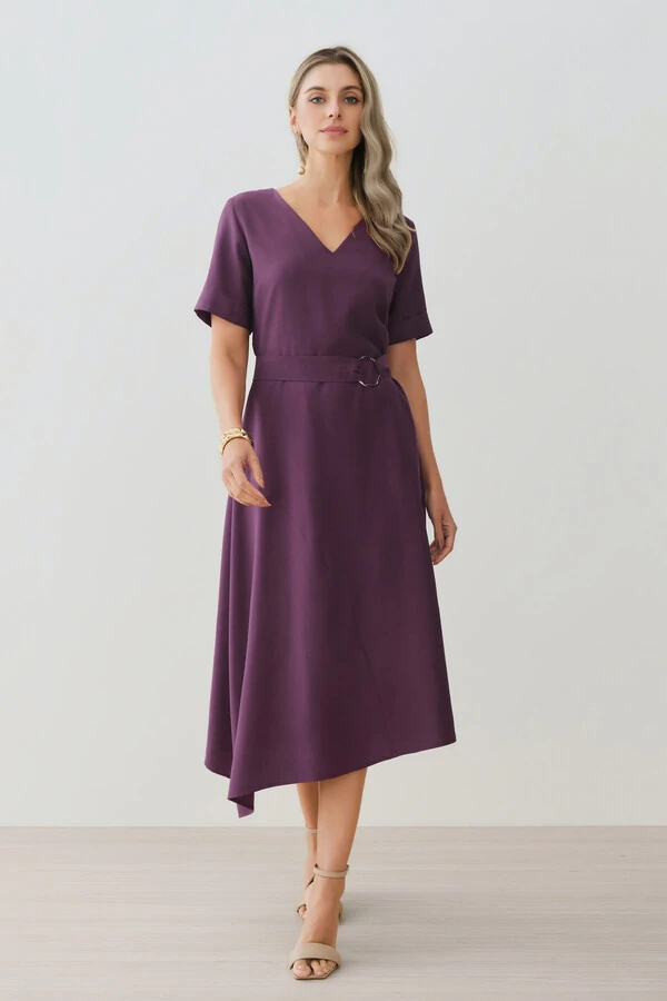 Vestido Midi Evasê Assimétrico Decote V Cinto Gold