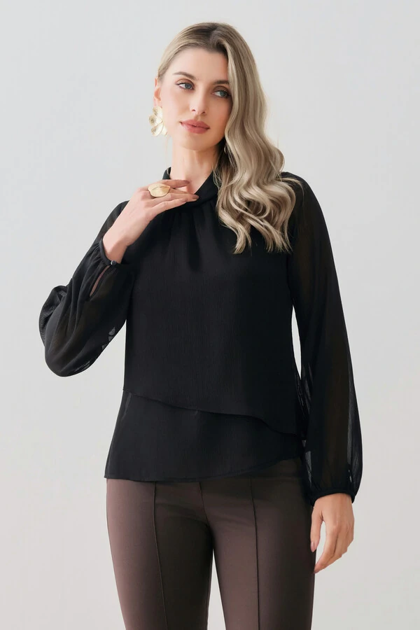 Blusa Dupla Transpassada Assimétrica de Chiffon Yoryu Manga Longa Gola Dobrada