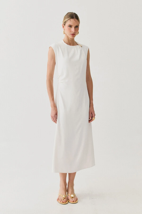 Vestido Midi Regata Assimétrica Decote Pregas Gold