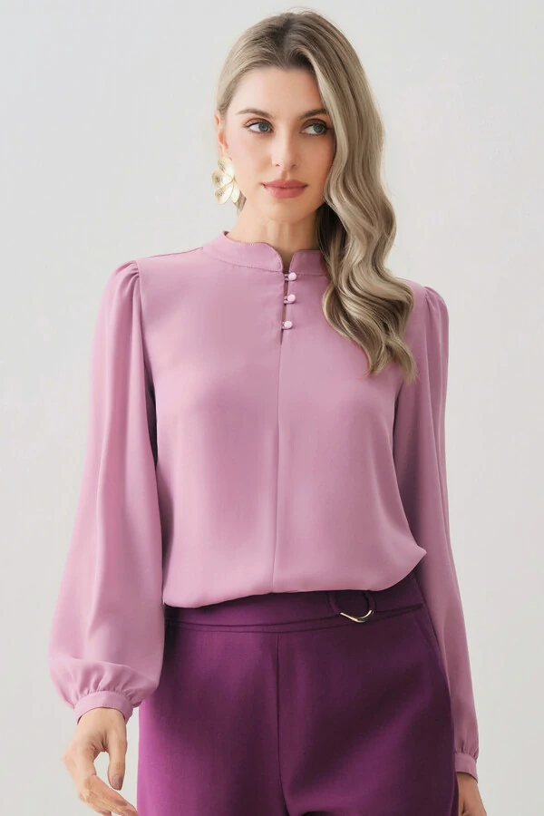 Blusa Manga Longa Punho Gola Baixa Mini Botões Triple