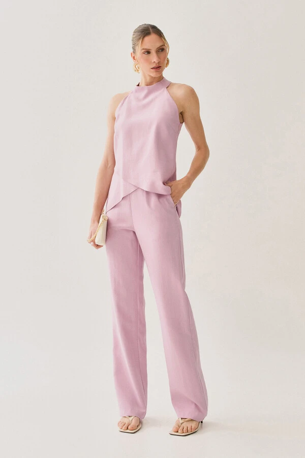 Conjunto de Blusa Regata Frente Única Transpassada e Calça Reta