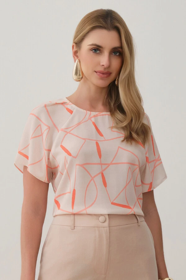Blusa Abstrata Manga Raglan Ombro Prega
