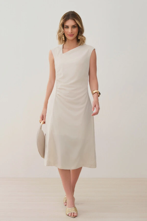 Vestido Midi Regata Decote Assimétrico Franzidos