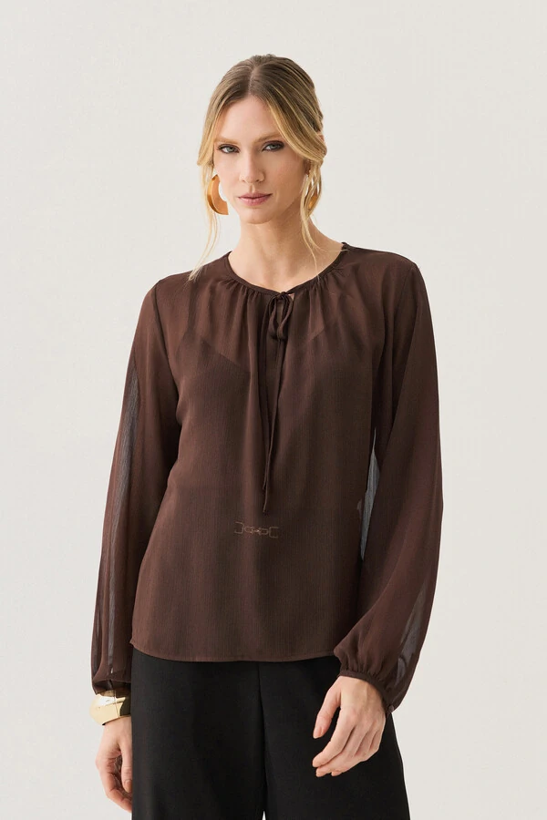Blusa de Chiffon Yoryu Manga Longa Decote Gota Laço