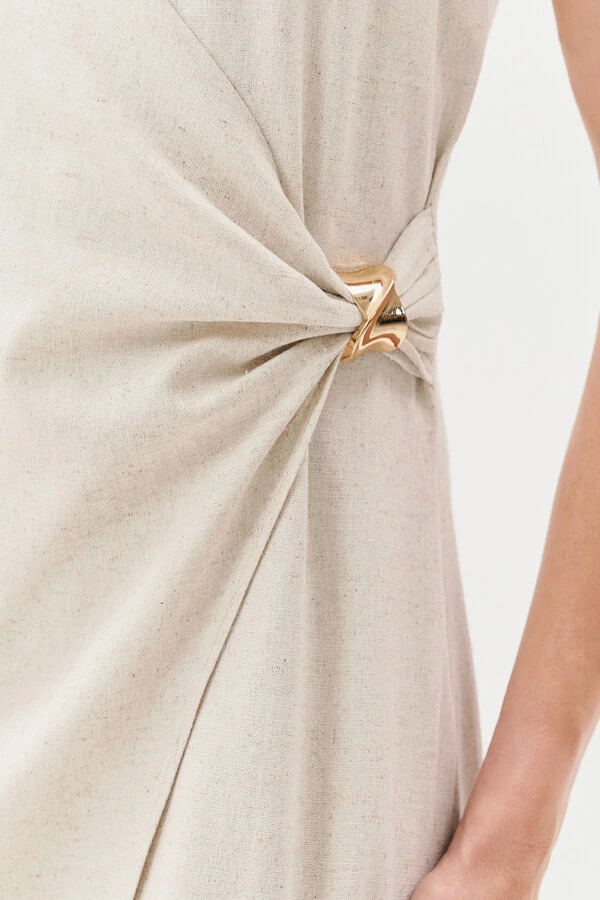 Vestido Midi Regata Transpassado de Linho Lateral Franzida Gold