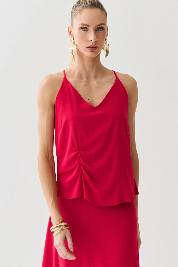 Conjunto de Blusa de Alcinha Assimétrica Decote V Lateral Pregas e Saia Midi Godê