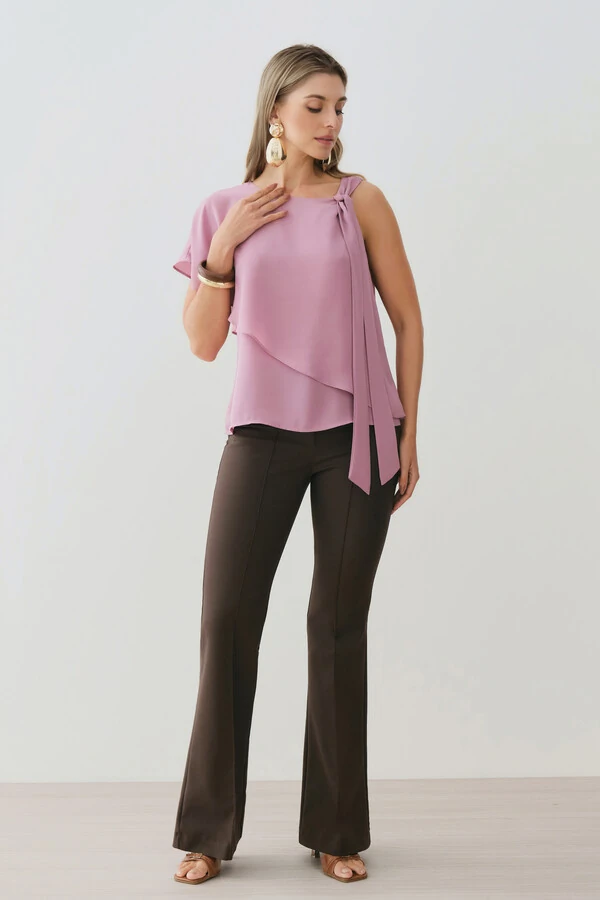 Blusa Assimétrica Dupla Transpassada Um Ombro Só Laço