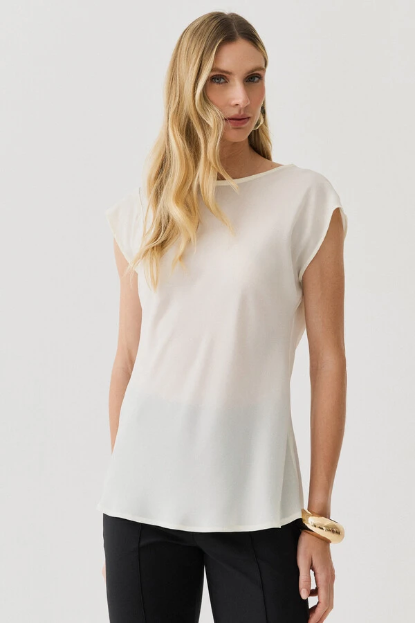 Blusa Assimétrica Drapeada Manga Morcego Ombro Esquerdo Pregas Double