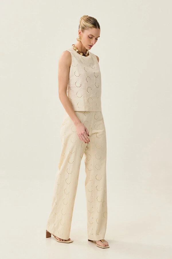 Conjunto de Laise de Algodão de Blusa regata Crop e Calça Reta