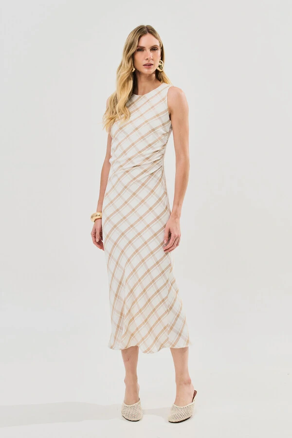 Vestido Midi Regata Xadrez Lateral Franzida