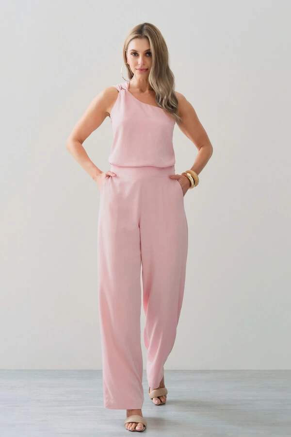 Conjunto de Blusa Regata Assimétrica Um Ombro Só Torcido e Calça Reta