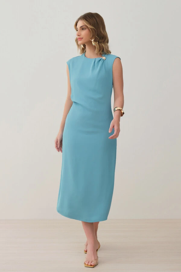 Vestido Midi Regata Assimétrica Decote Pregas Gold