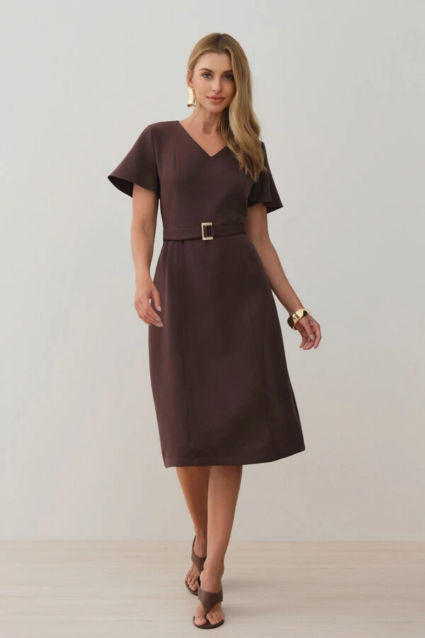 Vestsido Midi Decote V Cinto Fivela Gold