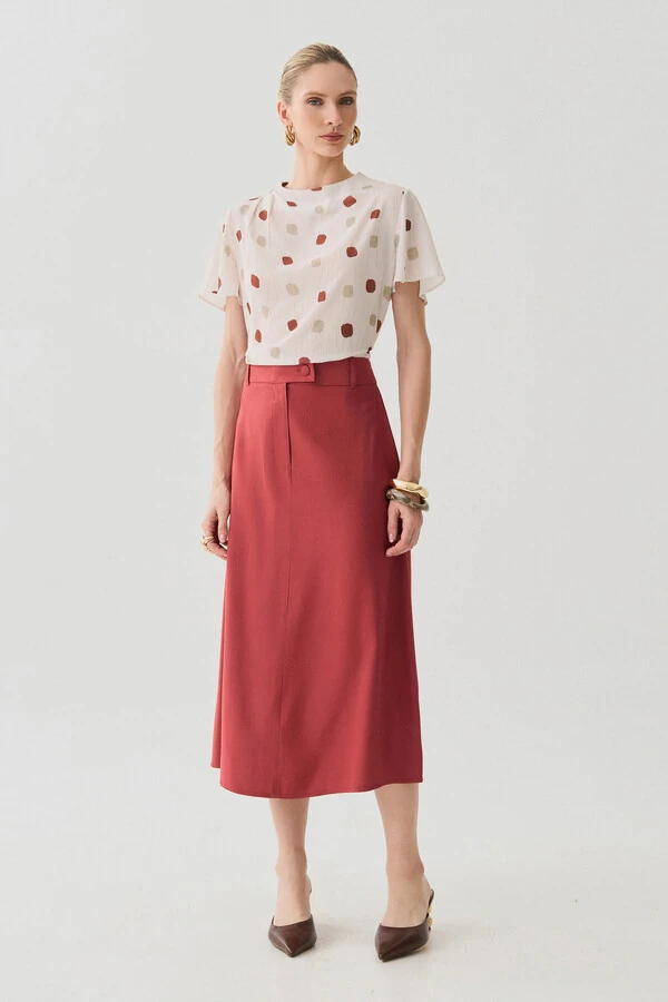 Blusa Assimétrica Abstrata Gola Careca Baixa Pregas Ombro Direito