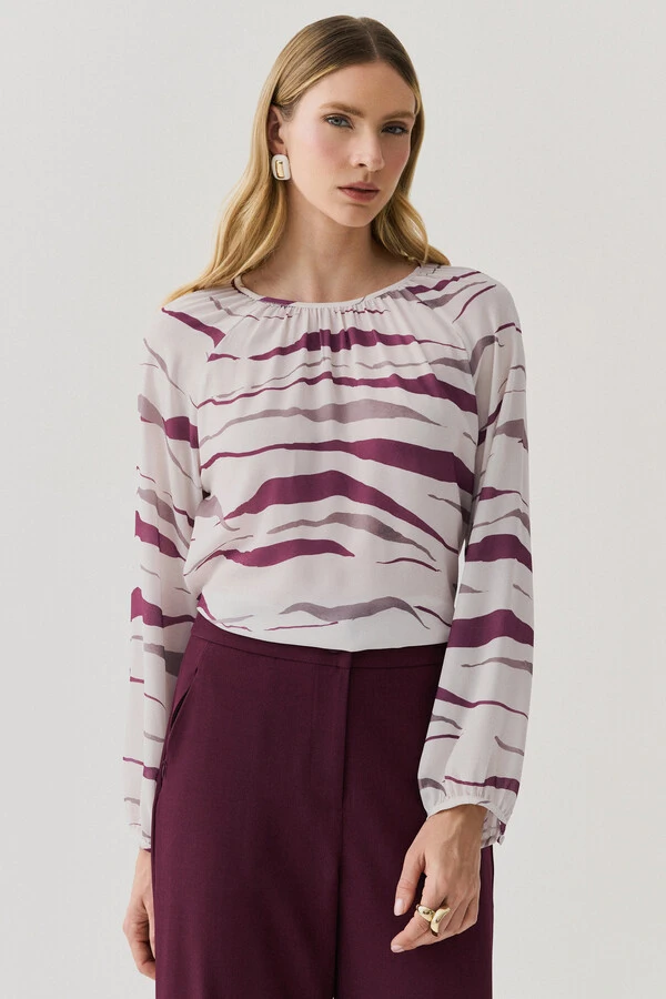 Blusa Zebra Abstrata Manga Longa Raglan Decote Franzido