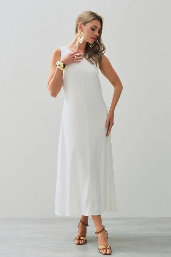 Vestido Midi Regata de Linho Recorte