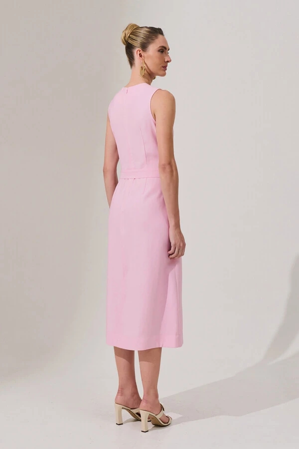 Vestido Midi Regata de Alfaiataria Recortes Cinto Fivela Forrada Fenda Frontal
