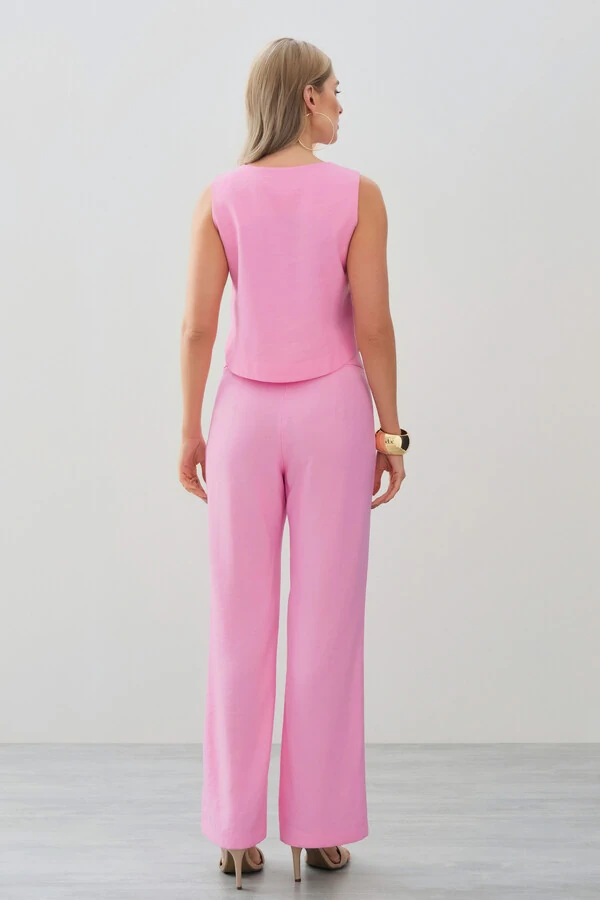 Conjunto de Alfaiataria de Blusa Regata Crop Recorte Calça Reta Aba Botões Forrados Double