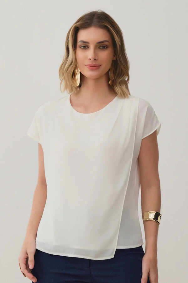 Blusa Dupla Assimétrica Transpassada Manga Morcego Ombro Esquerdo Pregas Triple