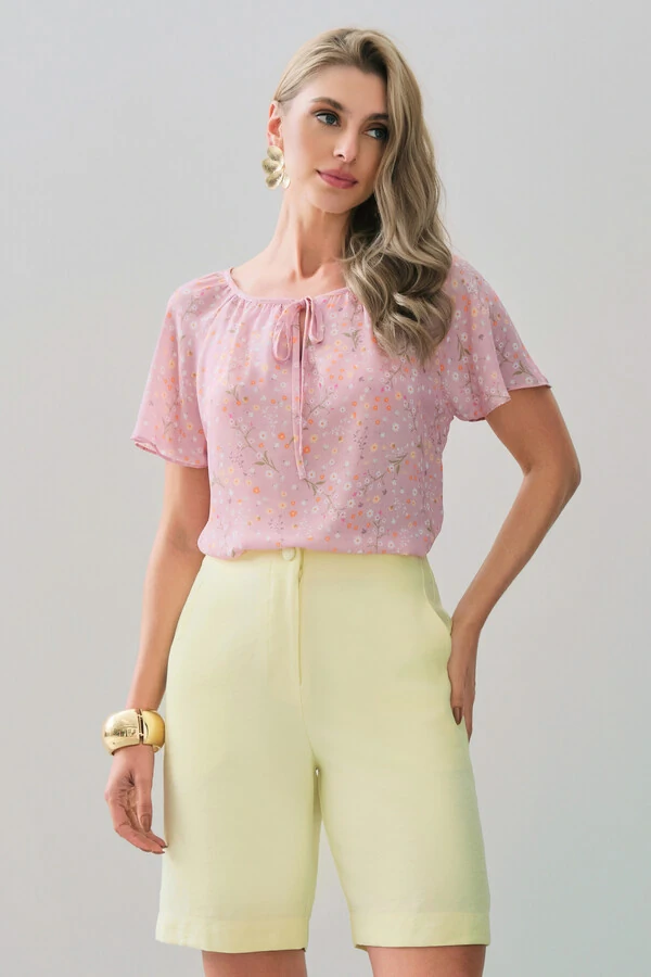 Blusa Floral Manga Raglan Decote Laço