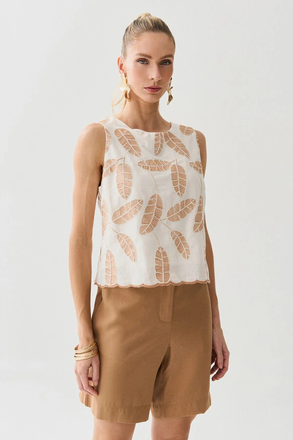 Regata de Algodão Bordado Folhagem Barrada