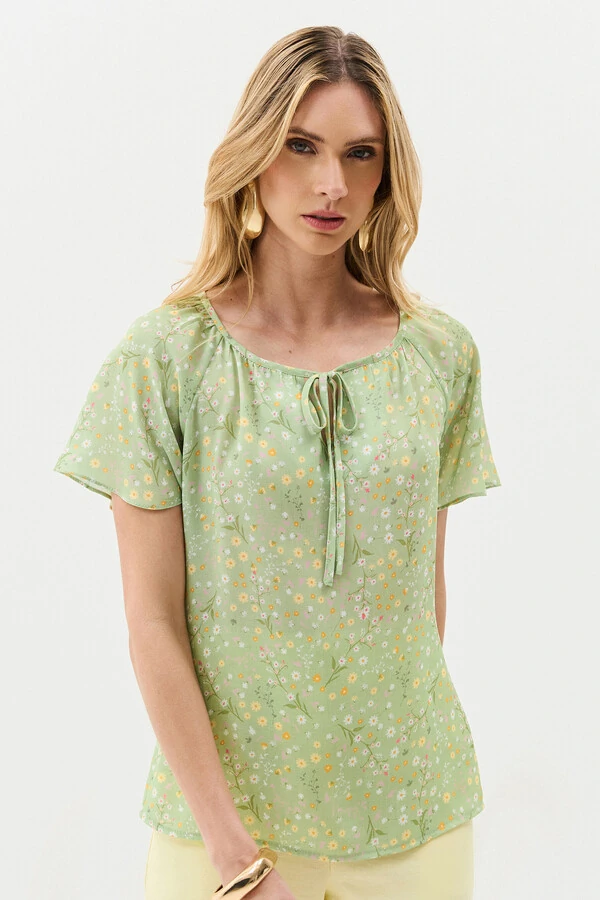 Blusa Floral Manga Raglan Decote Laço