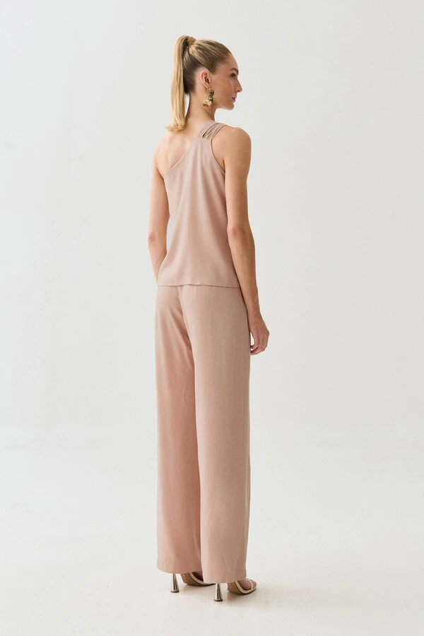 Conjunto de Blusa Regata Assimétrica Um Ombro Só Torcido e Calça Reta