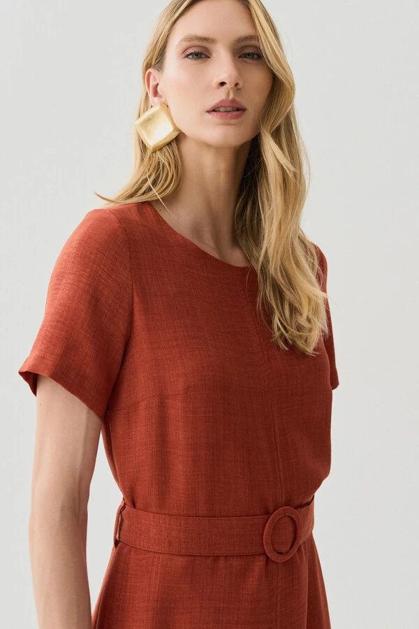 Vestido Midi Cinto Fivela Forrada