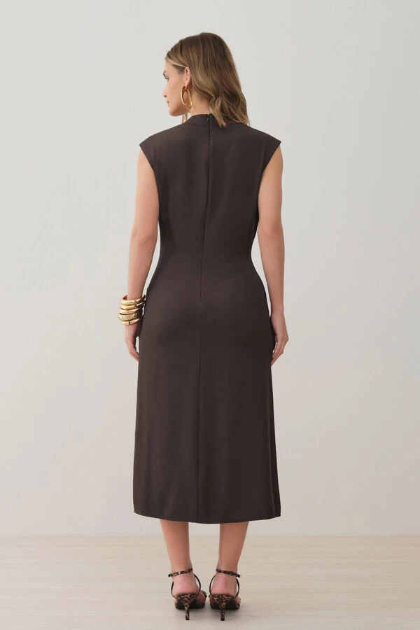 Vestido Midi Regata Assimétrica Decote Pregas Gold