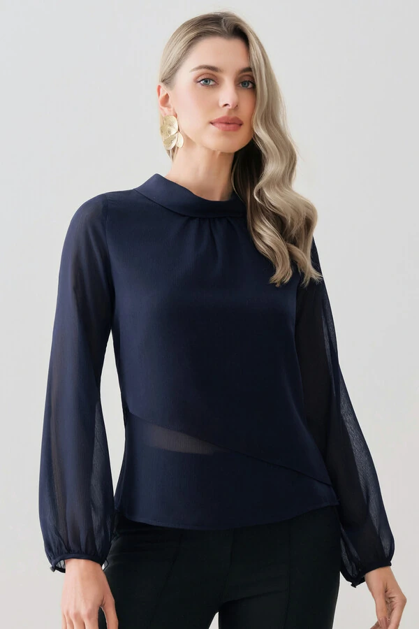Blusa Dupla Transpassada Assimétrica de Chiffon Yoryu Manga Longa Gola Dobrada