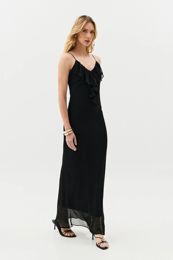 Vestido Longo de Alcinha de Chiffon Yoryu Decote V Babado Laço