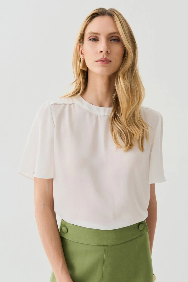 Blusa Manga Evasê Decote Redondo Ombro Prega