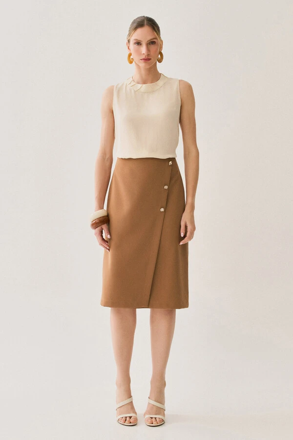 Saia Midi Transpassada de Alfaiataria Gold Triple