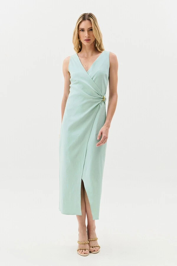 Vestido Midi Regata Transpassado de Linho Lateral Franzida Gold
