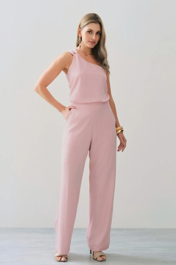 Conjunto de Blusa Regata Assimétrica Um Ombro Só Torcido e Calça Reta